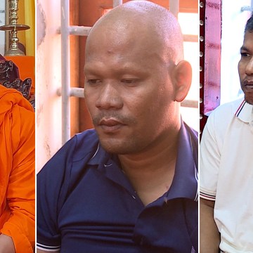 ព្រះចៅ​អធិការ​វត្ត​ប្រជុំ​ពល​មង្គល​បូរី ឬ​ហៅថា​វត្ត​ទ្រនំ​សេក ព្រះតេជព្រះគុណ ថាច់ ច័ន្ទដារ៉ា (ឆ្វេង) និង​សកម្មជន​សិទ្ធិ​ខ្មែរក្រោម​ លោក គឹម ឃីម ដែលត្រូវ​អាជ្ញាធរ​វៀតណាម​ចាប់​ខ្លួន កាលពី​រសៀល​ថ្ងៃទី​២៦ ខែ​មីនា ឆ្នាំ​២០២៤។ រូប៖ congan.vinhlong.gov.vn